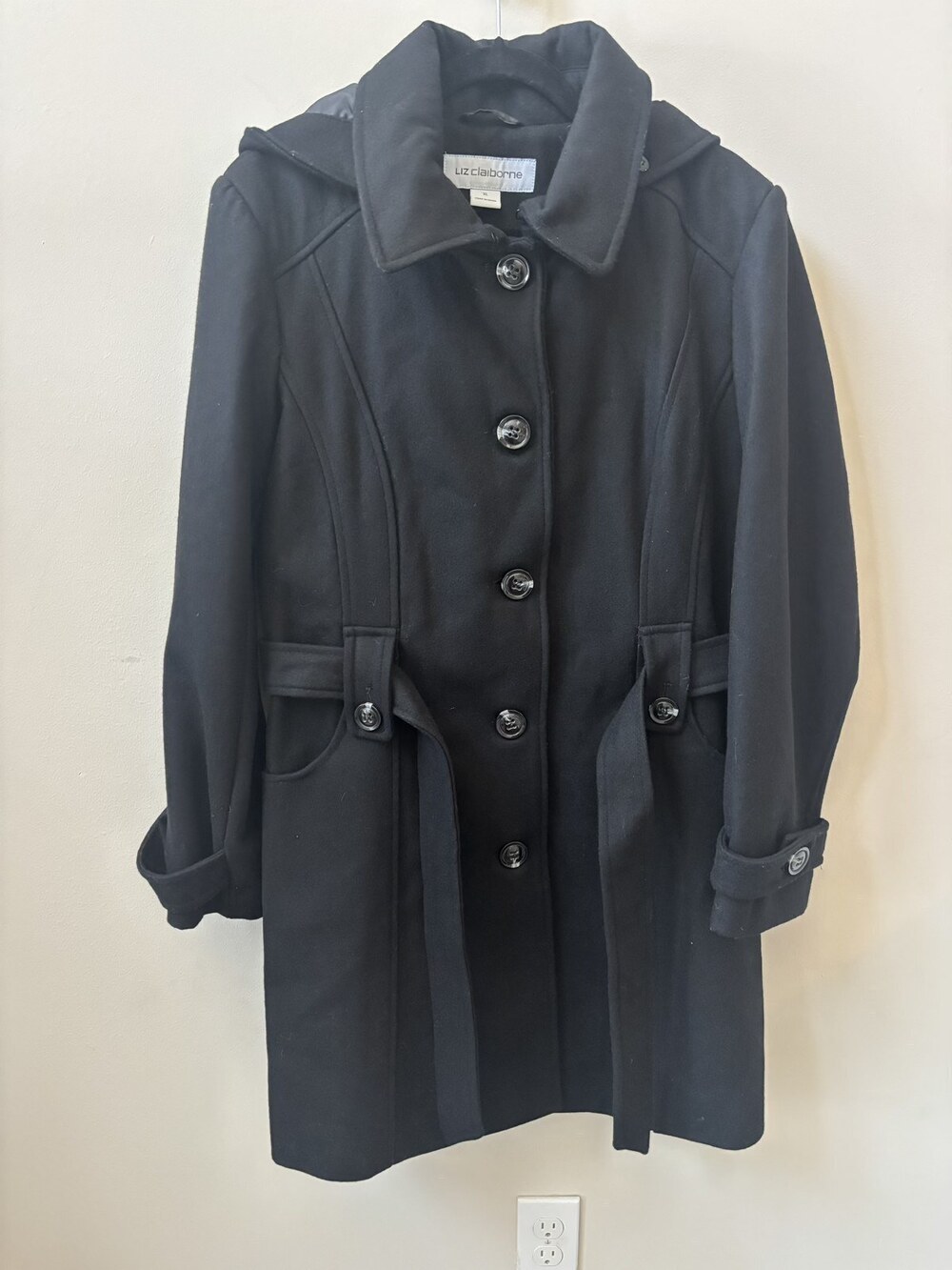 Liz Claiborne Black Wool Blend Button Front Coat Size XL